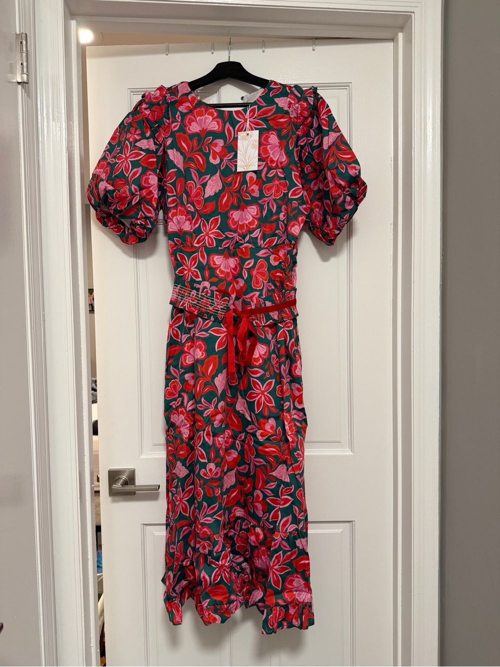 Prosperina Gold Label Dress with Puff Sleeves - Pink & Green Size XS - Picture 6 of 6